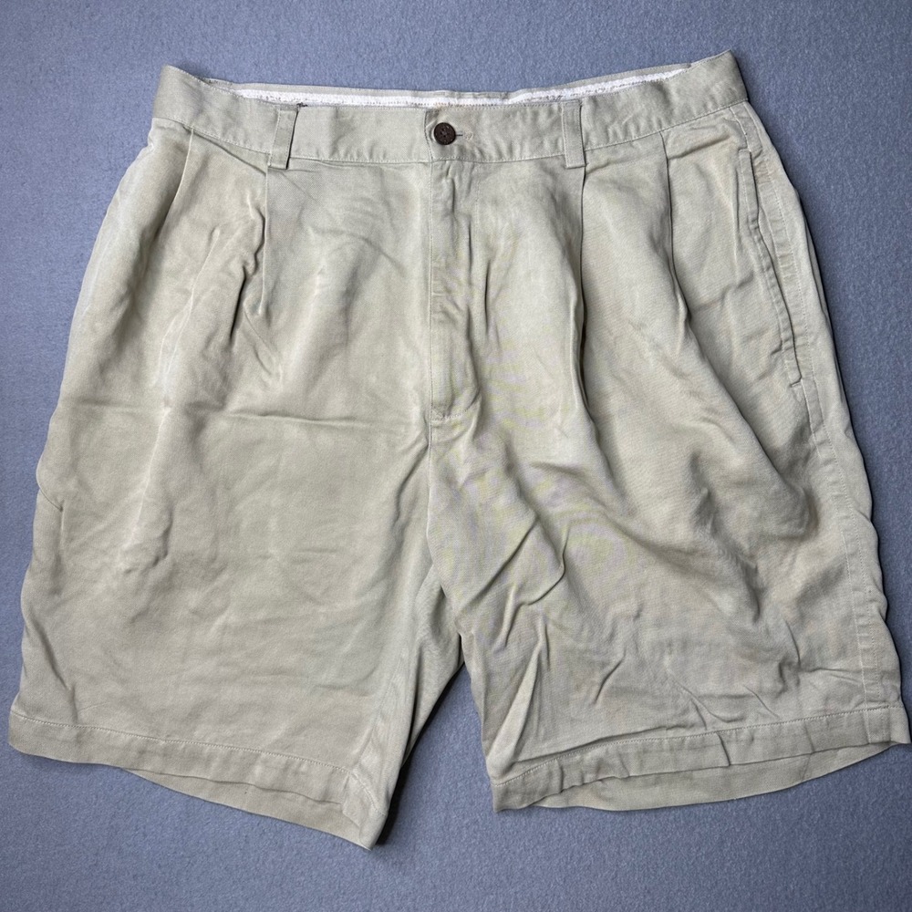 Tommy Bahama Shorts Mens 34 Khaki Tan Silk Linen Pleated Relaxed Fit